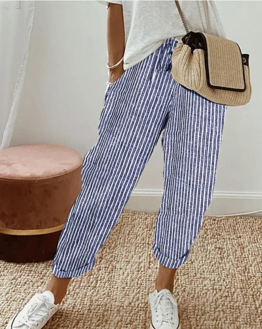 Damen lässige Streifenhose mit elastischem Bund und praktischen Eingrifftaschen EB