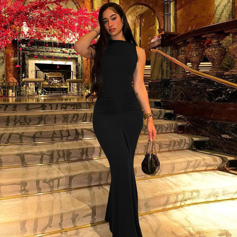 Damen Figurbetontes Maxikleid mit hochgeschlossenem Design und Raffung EB