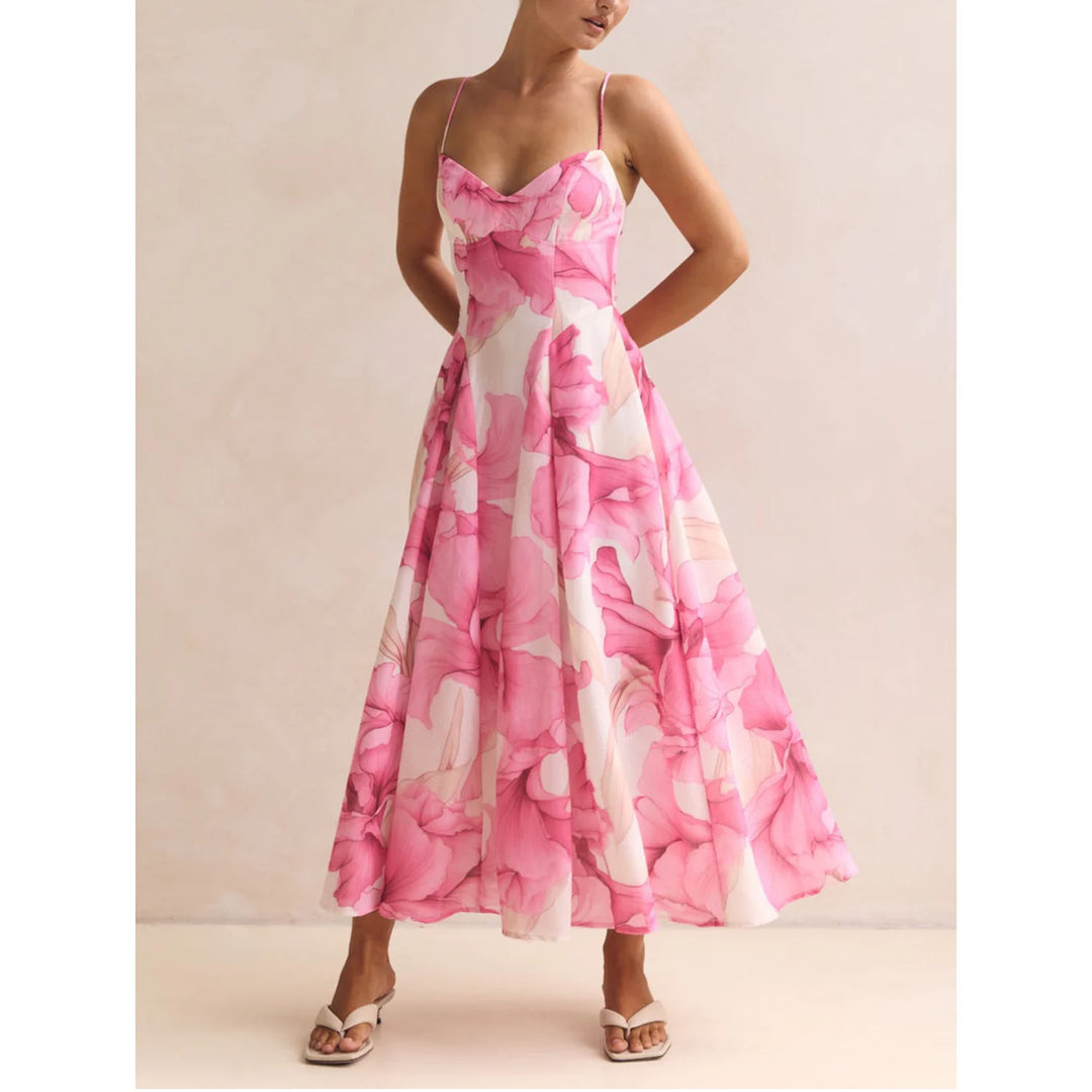 Damen Maxikleid mit zartem floralem Design und raffiniertem V-Ausschnitt EB