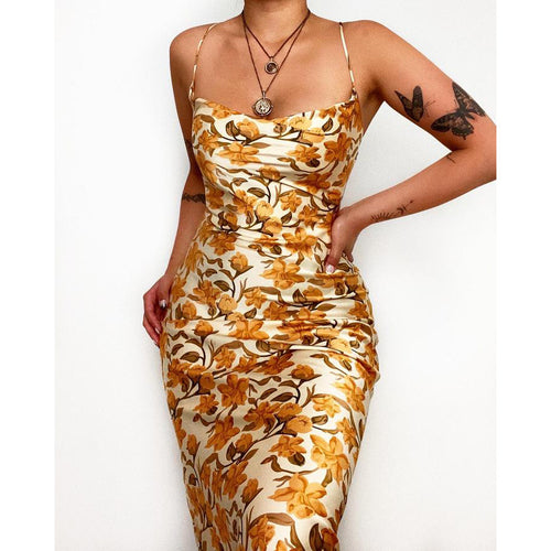 Damen Satin Maxikleid mit floraler Drapierung und Spaghettiträgern EB