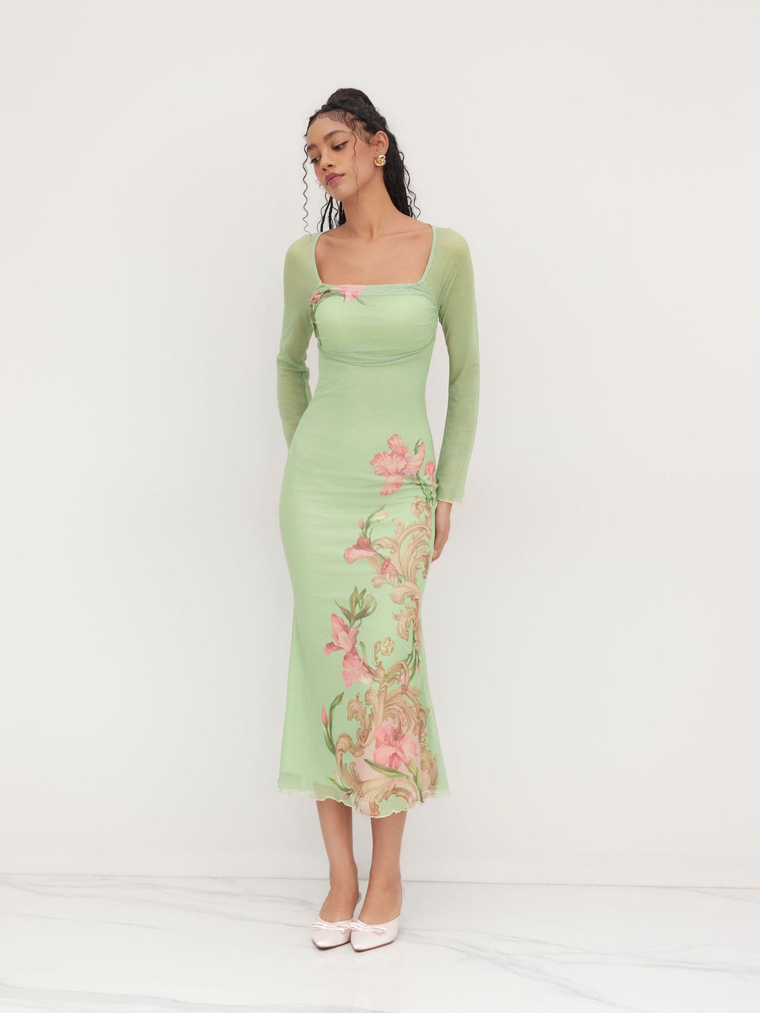 Damen elegantes Midikleid mit floralem Design und transparenten Longsleeves EB
