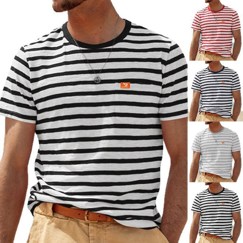 Herren nan lässiges gestreiftes Baumwoll-Jersey T-Shirt mit Rundhalsausschnitt und unaufdringlichem Logo-Patch EB