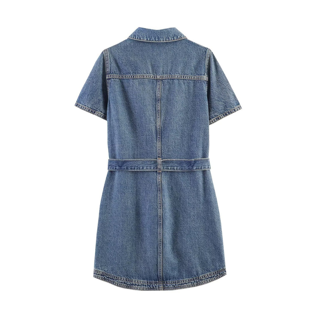 Damen Jeanskleid mit Taillengürtel und Kurzarm EB