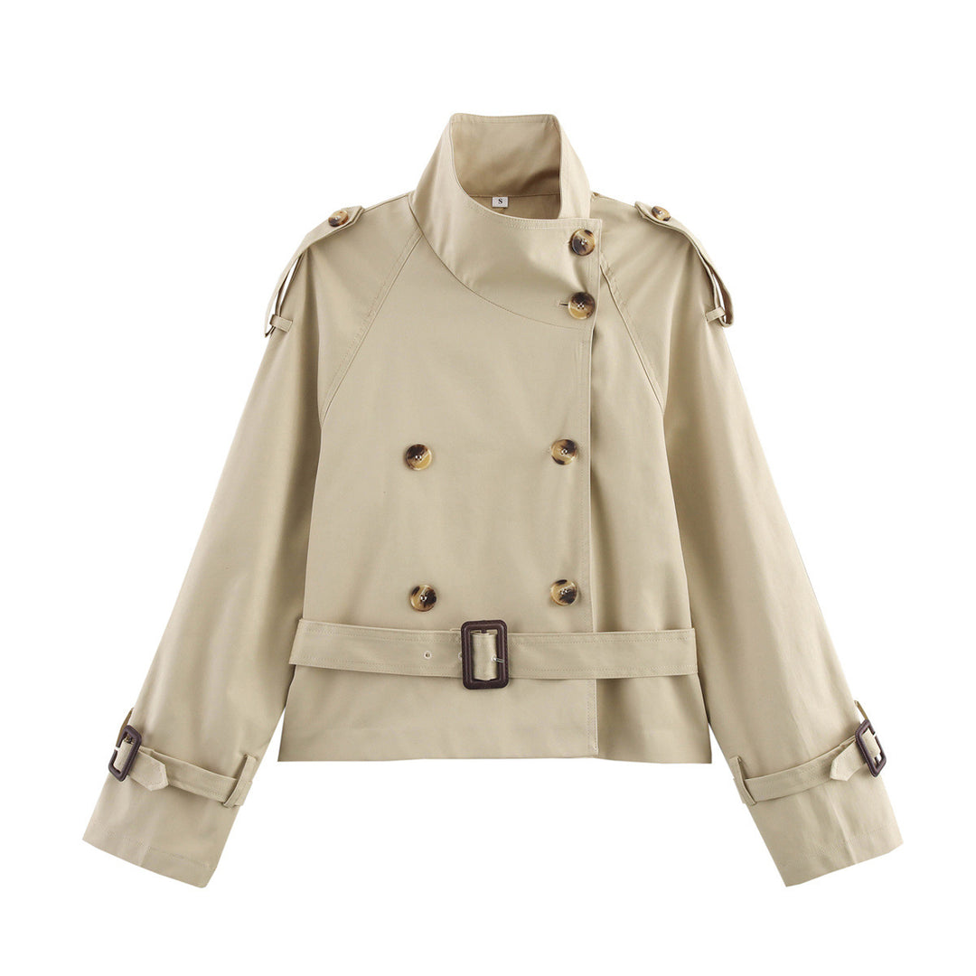 Damen modische Trenchjacke mit einzigartigen Knopfdetails und modernem Gürtel EB