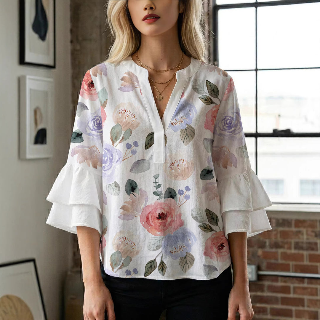 Damen Elegantes Oberteil mit voluminösen Rüchenärmeln und floralem Druck EB