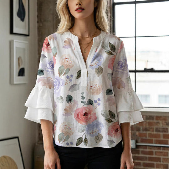 Damen Elegantes Oberteil mit voluminösen Rüchenärmeln und floralem Druck EB