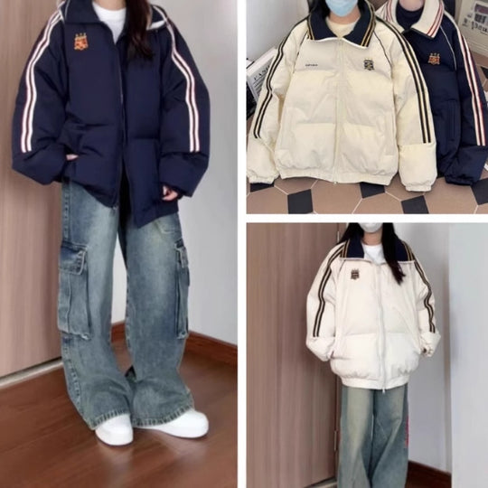Damen Sportliche Pufferjacke mit kontrastierenden Streifen und hohem Kragen EB