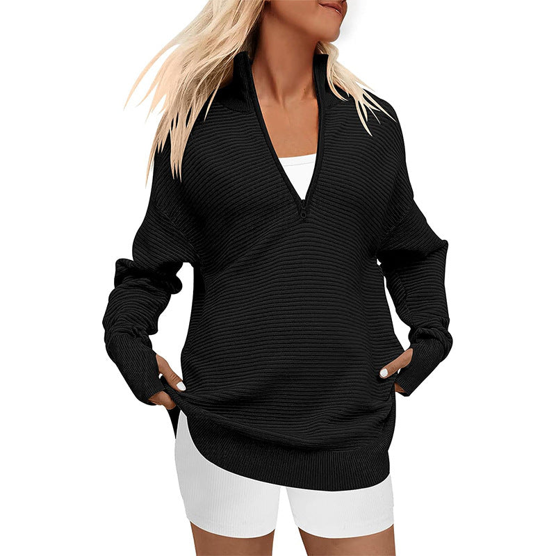 Damen Hochwertiger Reißverschluss Pullover mit strukturiertem Design EB