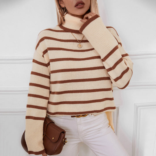 Damen modischer Rollkragenpullover mit breiten Streifen und lässigem Schnitt EB