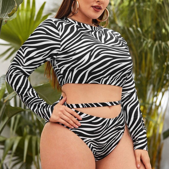 Damen Bikini-Set mit langärmligem Crop-Top und hochgeschnittenen Bottoms EB