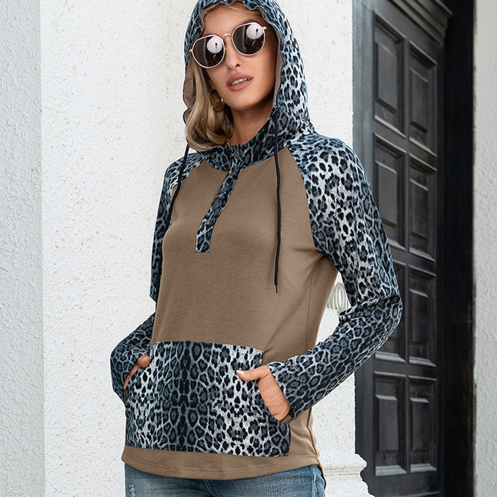 Damen Kapuzenpullover mit Leopardenmuster und Kängurutasche EB