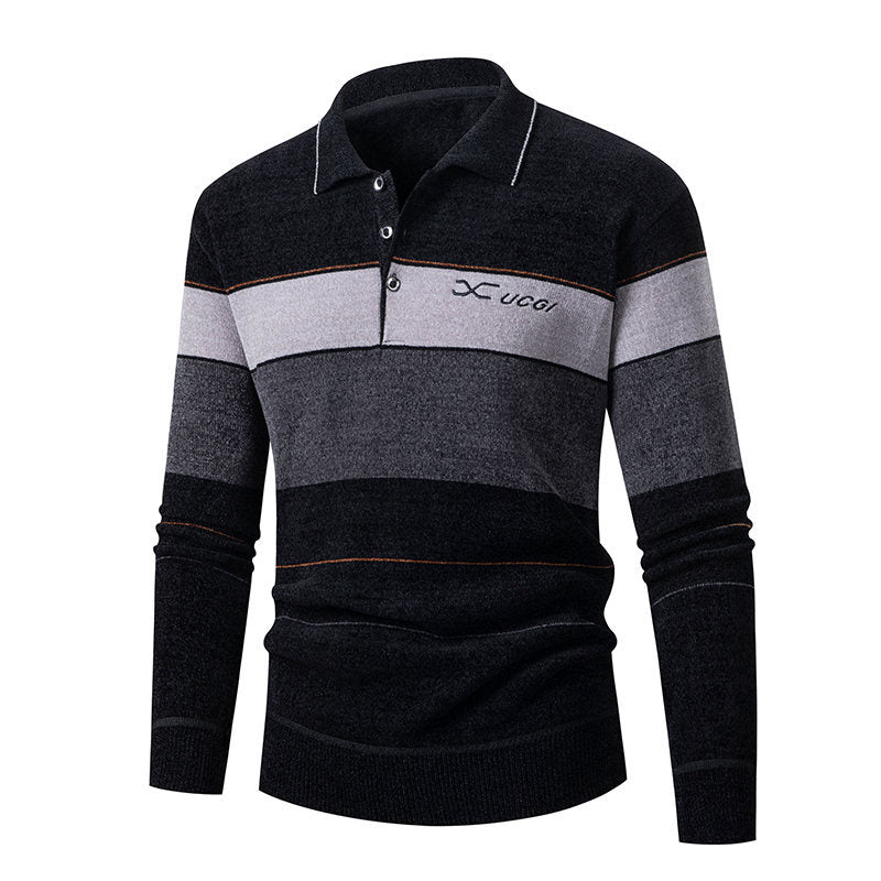 Herren Langarm Polohemd mit gestreiftem Design und Knopfleiste EB