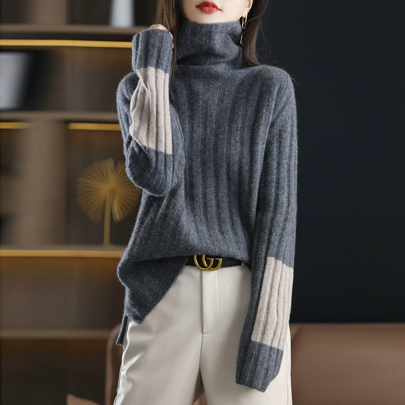 Damen Grob gestrickter Rollkragenpullover mit modischem Streifenmuster EB