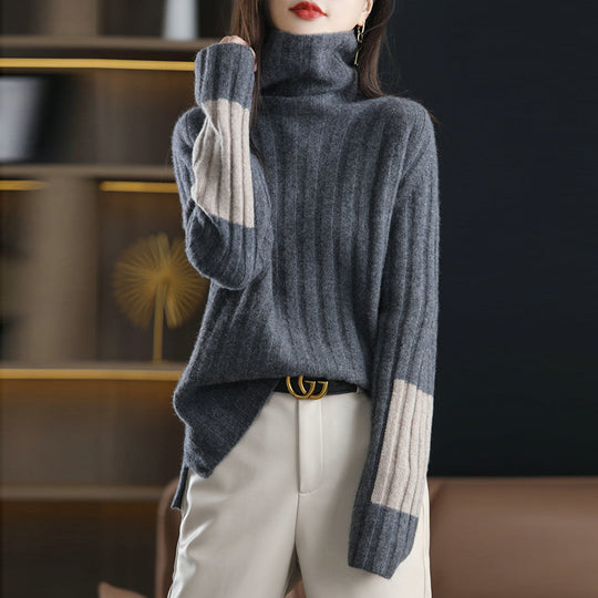 Damen Grob gestrickter Rollkragenpullover mit modischem Streifenmuster EB