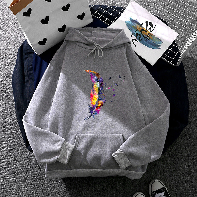 Damen nan Kapuzenpullover mit künstlerischem Aquarell‑Federmotiv, Oversize‑Schnitt und Kängurutasche EB