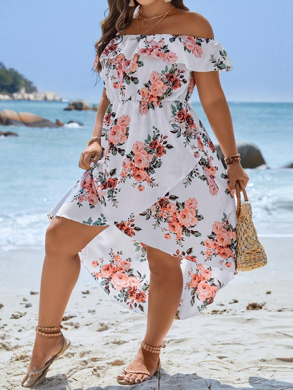 Damen Sommerliches Kleid mit off-shoulder Ausschnitt und floralem Design EB