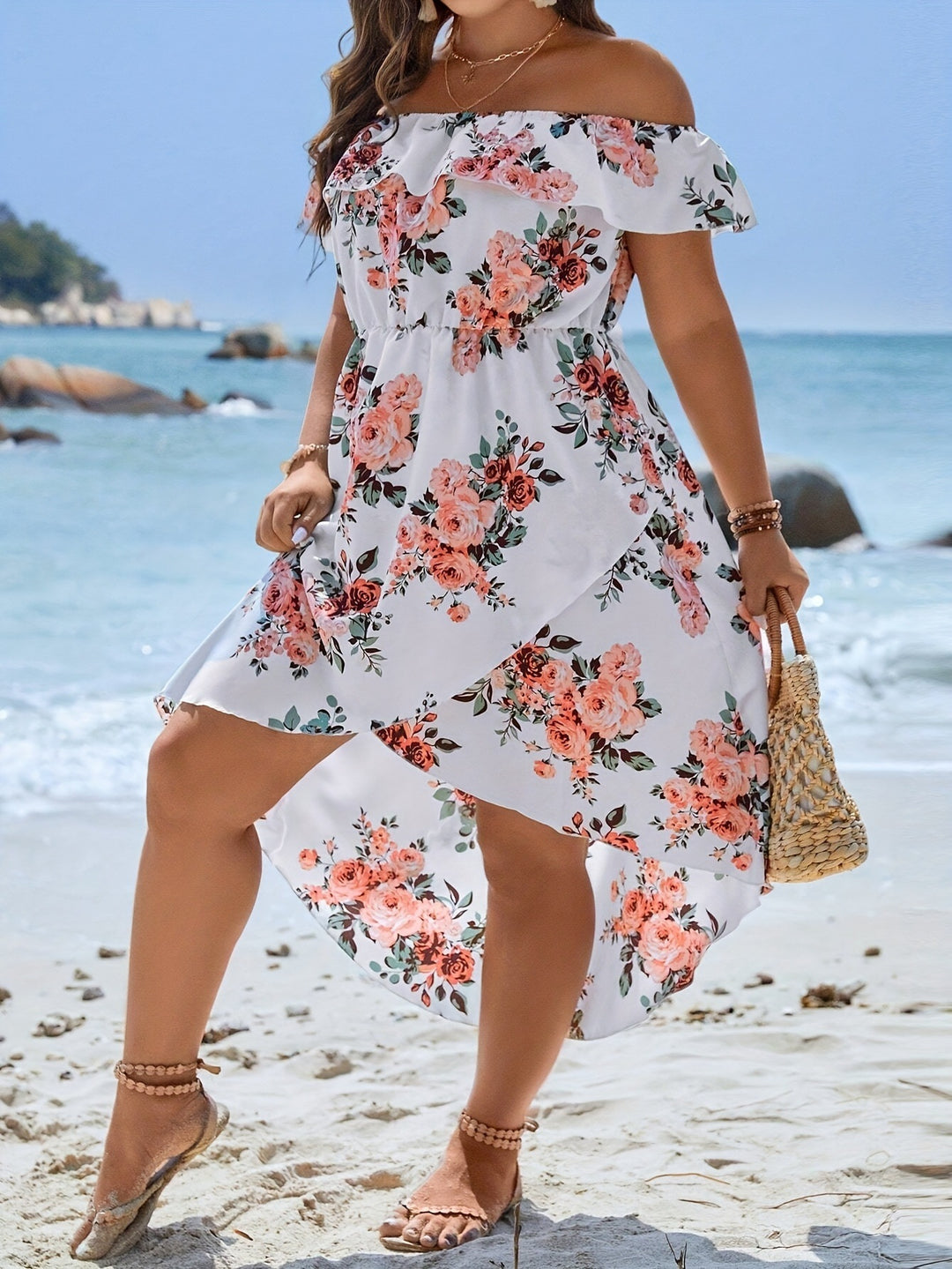 Damen Sommerliches Kleid mit off-shoulder Ausschnitt und floralem Design EB