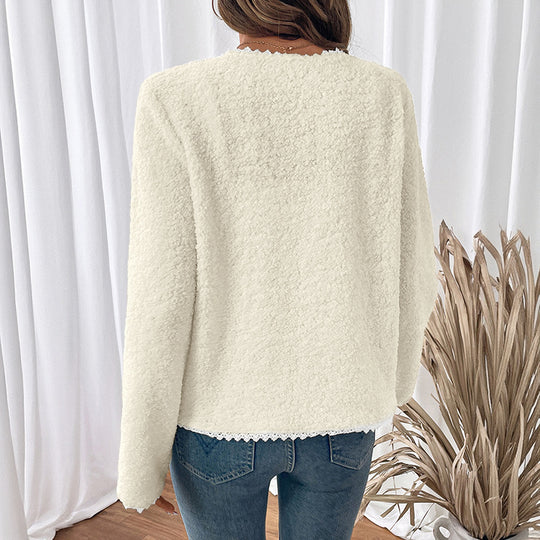 Damen weiche Teddyjacke mit Spitzenverzierung EB