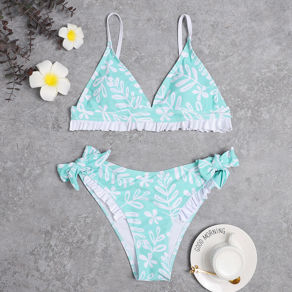 Damen Triangel-Bikini mit verspielten Rüschendetails und floralem Druck EB