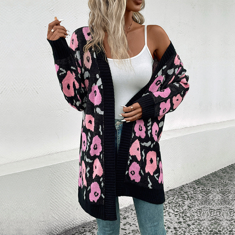 Damen Strickjacke mit floralem Muster und offenem Schnitt EB