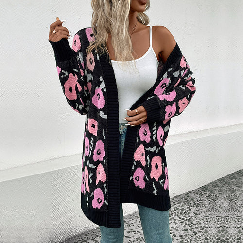 Damen Strickjacke mit floralem Muster und offenem Schnitt EB