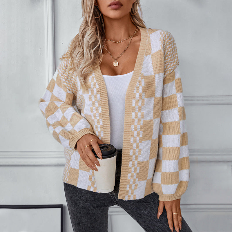 Damen lässige Strickjacke im modischen Karomuster EB
