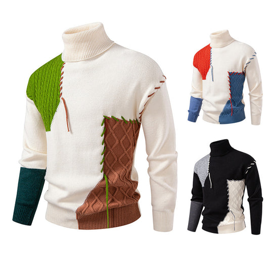 Herren Rollkragenpullover mit geometrischem Zopfmuster und kontrastierenden Akzenten EB