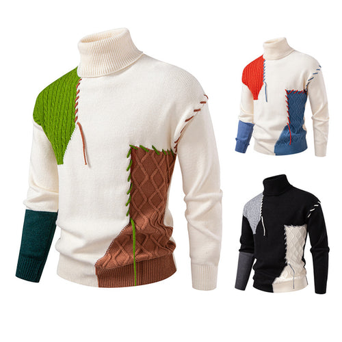 Herren Rollkragenpullover mit geometrischem Zopfmuster und kontrastierenden Akzenten EB