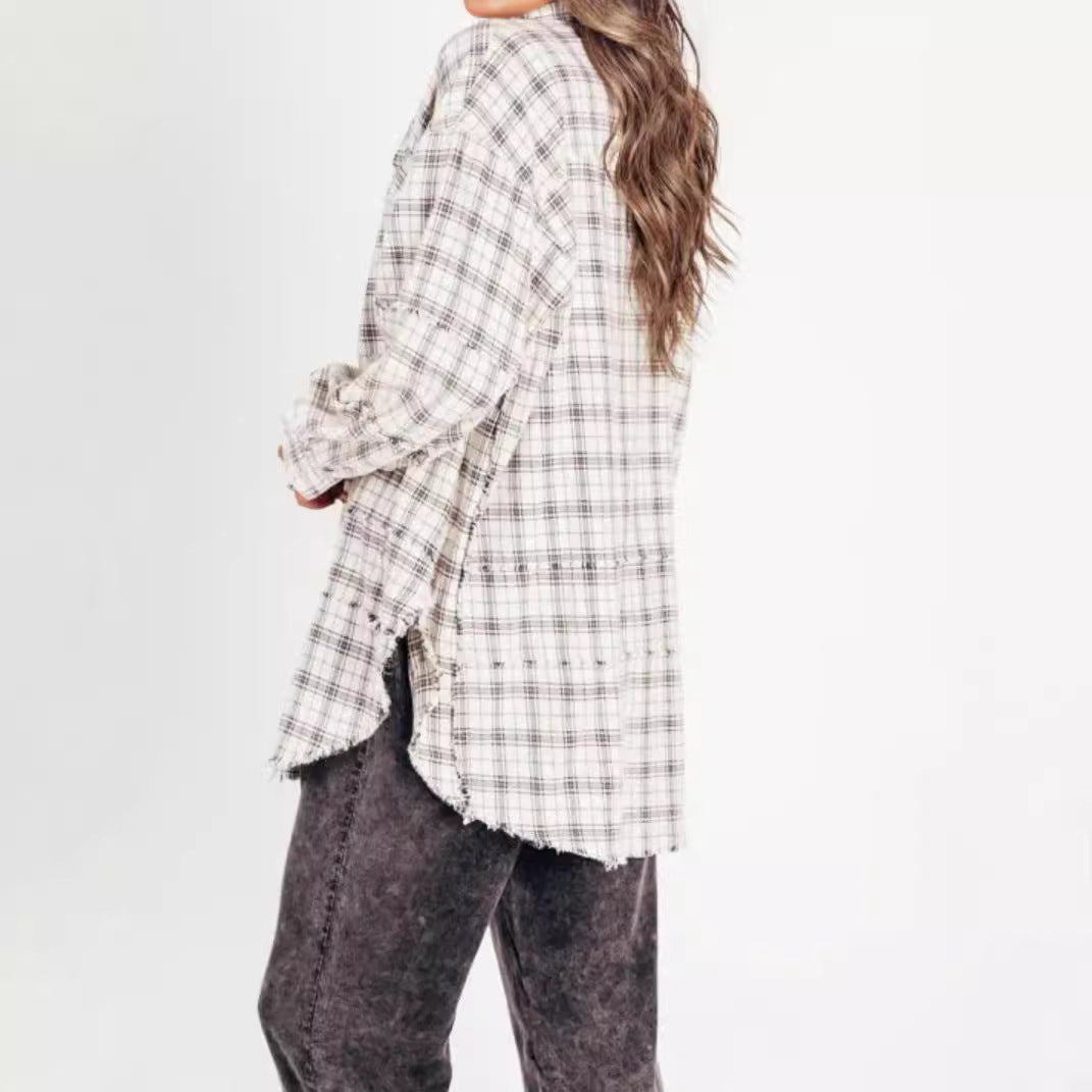 Damen nan oversized Karo-Überhemd mit Fransenbesatz, Brusttaschen und lockerer Passform EB