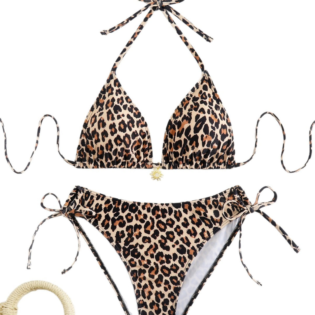 Damen Triangel-Bikini mit verspielten Bindebändern und modischem Leopardenmuster EB