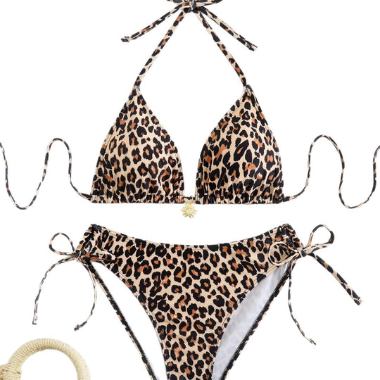 Damen Triangel-Bikini mit verspielten Bindebändern und modischem Leopardenmuster EB