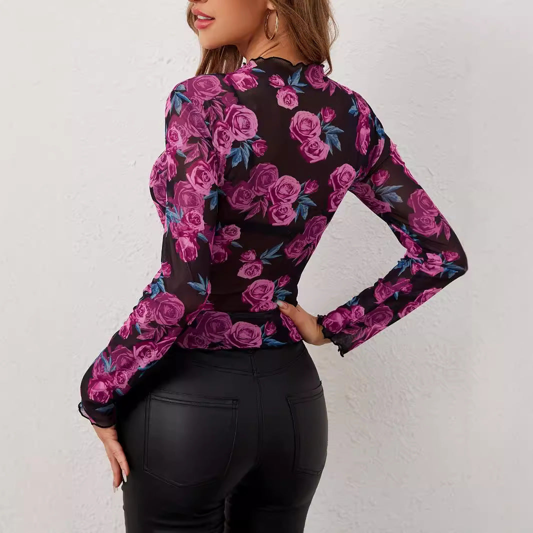 Damen Transparente Langarm-Bluse mit floralem Design EB