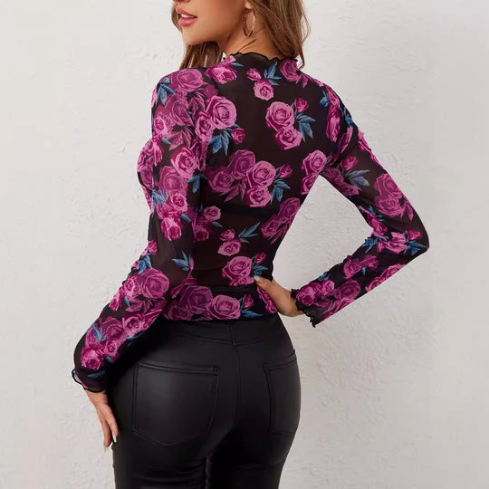 Damen Transparente Langarm-Bluse mit floralem Design EB
