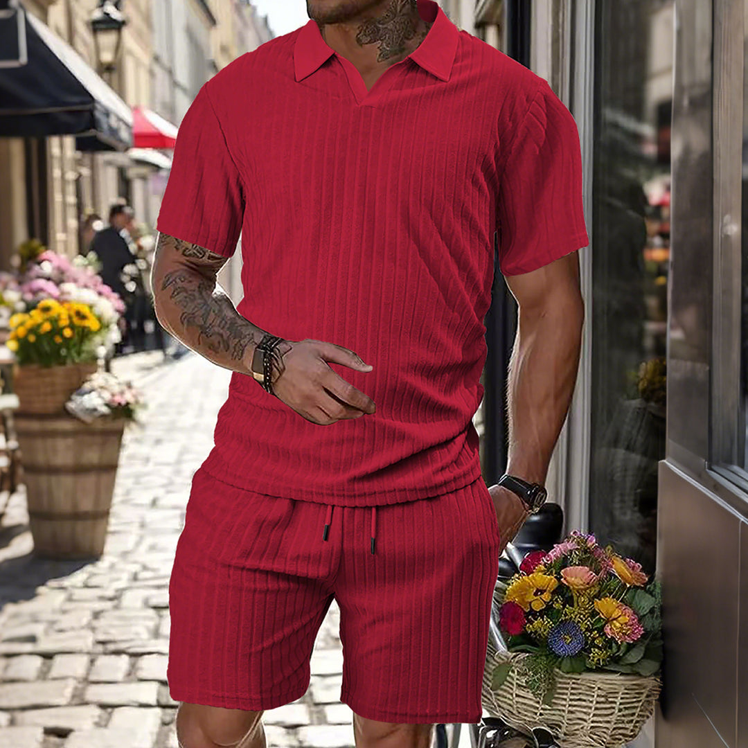 Herren nan Strick-Lounge-Ensemble mit Polokragen V‑Einsatz und Tunnelzug-Bermudas EB