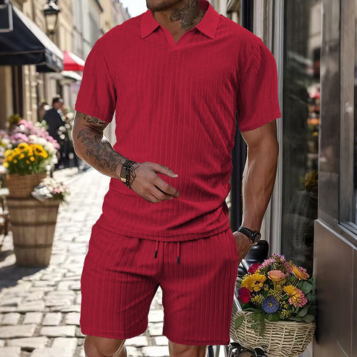 Herren nan Strick-Lounge-Ensemble mit Polokragen V‑Einsatz und Tunnelzug-Bermudas EB