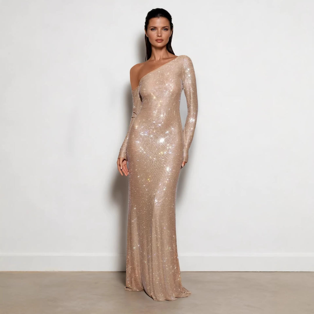 Damen Figurbetontes Abendkleid mit schimmerndem Paillettenbesatz und asymmetrischem Ausschnitt EB