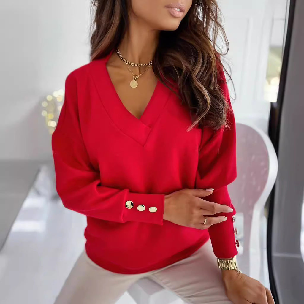Damen V-Ausschnitt Pullover mit Knopfdetails EB