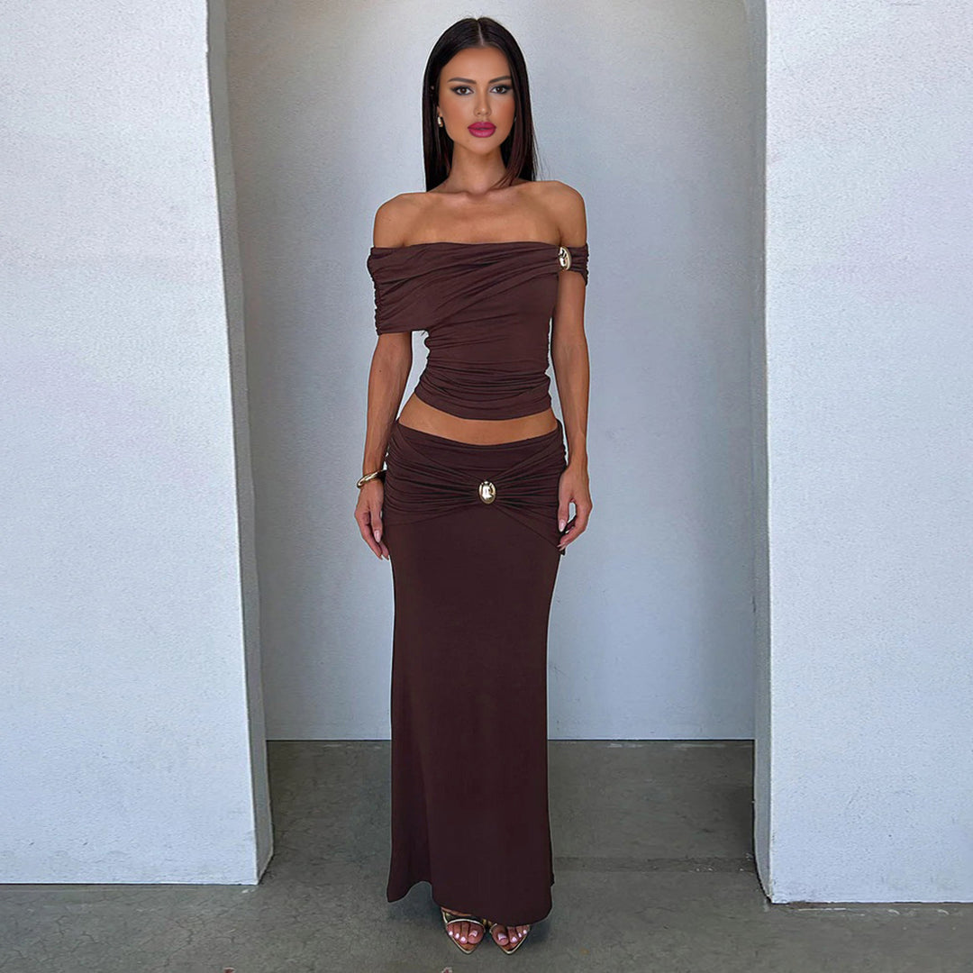 Damen Elegantes Offshoulder Maxikleid mit raffinierten Raffungseffekten EB
