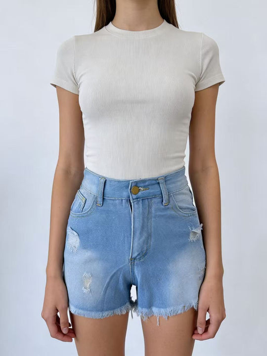 Damen Crop Top und High-Waist Jeans-Shorts EB