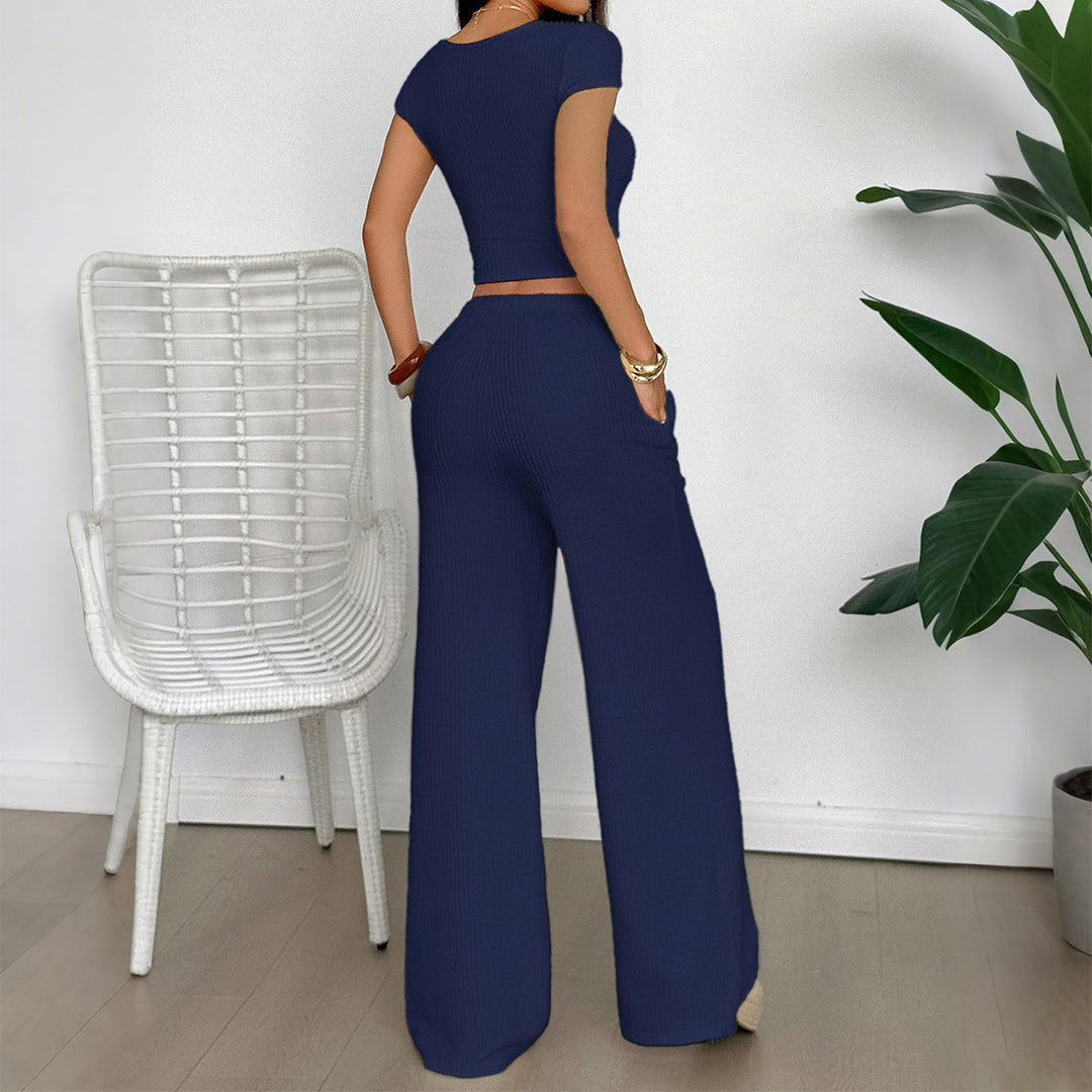 Damen Lässiges Zweiteiliges Set mit cropped Oberteil und weitem Hosen EB