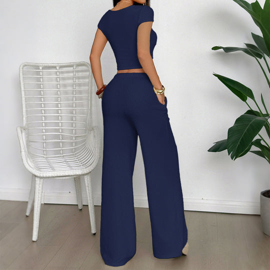Damen Lässiges Zweiteiliges Set mit cropped Oberteil und weitem Hosen EB