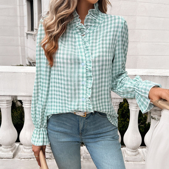 Damen Karierte Bluse mit Rüschendetails und Knopfleiste EB