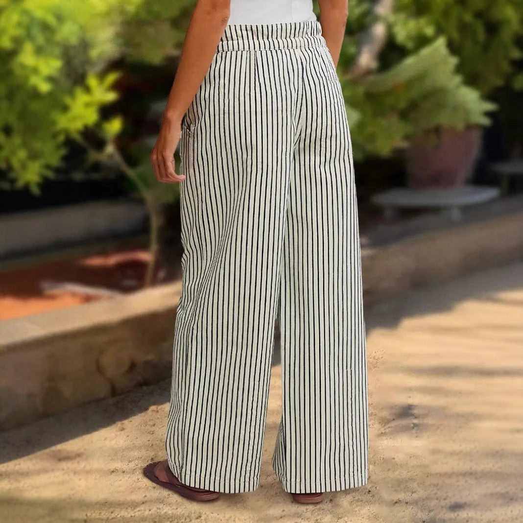 Damen Bequeme Strandhose mit lässigem Streifenmuster und geflochtenem Bund EB