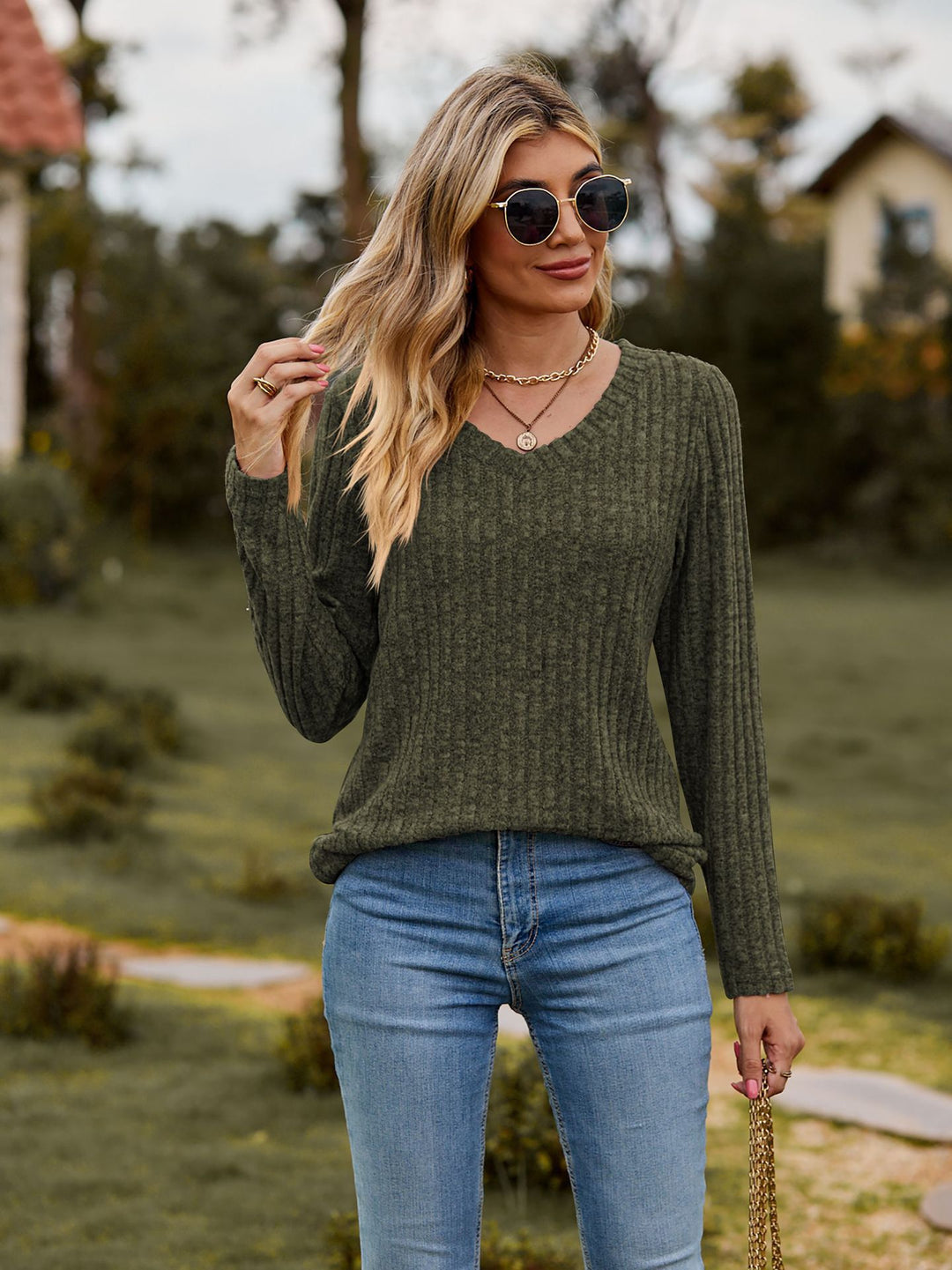 Damen Wohlfühlpullover mit geripptem Design und V-Ausschnitt EB