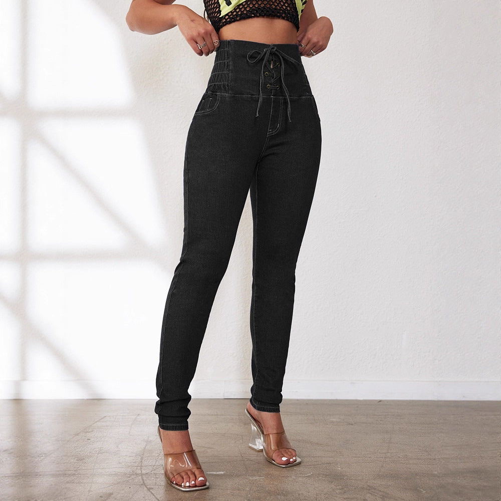 Damen Hochtaillierte Jeans mit Schnürdetails EB