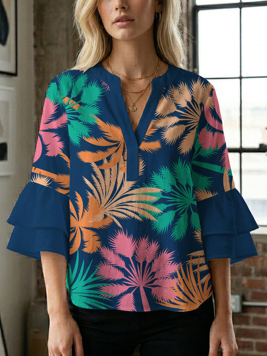 Damen Bluse mit voluminösen Rüschenärmeln und modernem Motiv EB