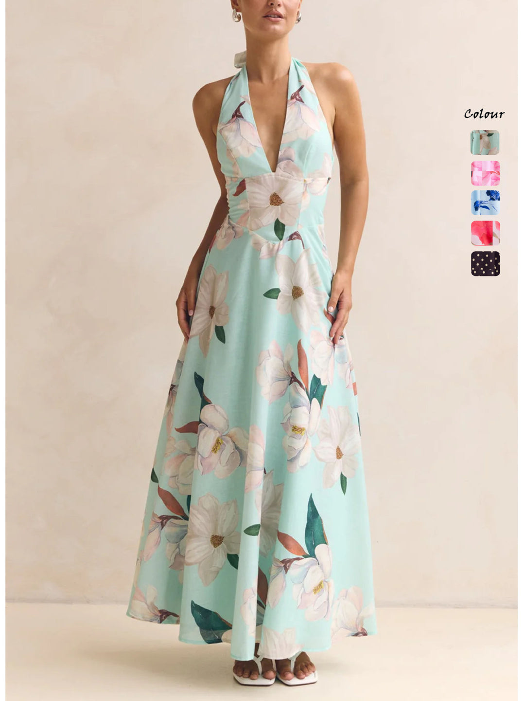 Damen Maxikleid mit tiefem V-Ausschnitt und floralen Akzenten EB