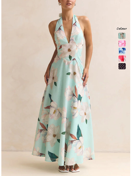 Damen Maxikleid mit tiefem V-Ausschnitt und floralen Akzenten EB