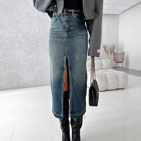 Damen Jeansrock mit hohem Schlitz im modernen Used-Look EB