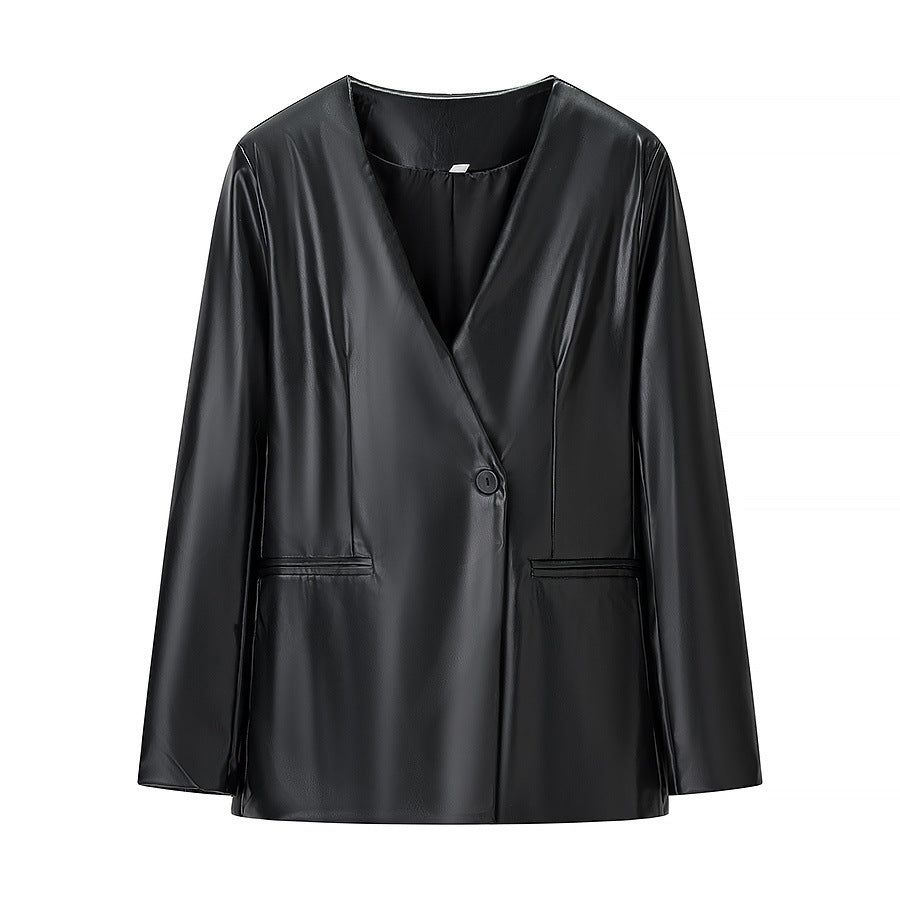 Damen elegante Longblazer aus hochwertigem Kunstleder EB